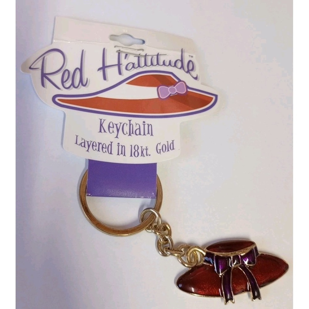 RED HATTITUDE‎ Keychain Red Hat Society Layered in 18 kt. Gold Hat & Bow NEW